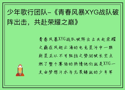 少年歌行团队-《青春风暴XYG战队破阵出击，共赴荣耀之巅》